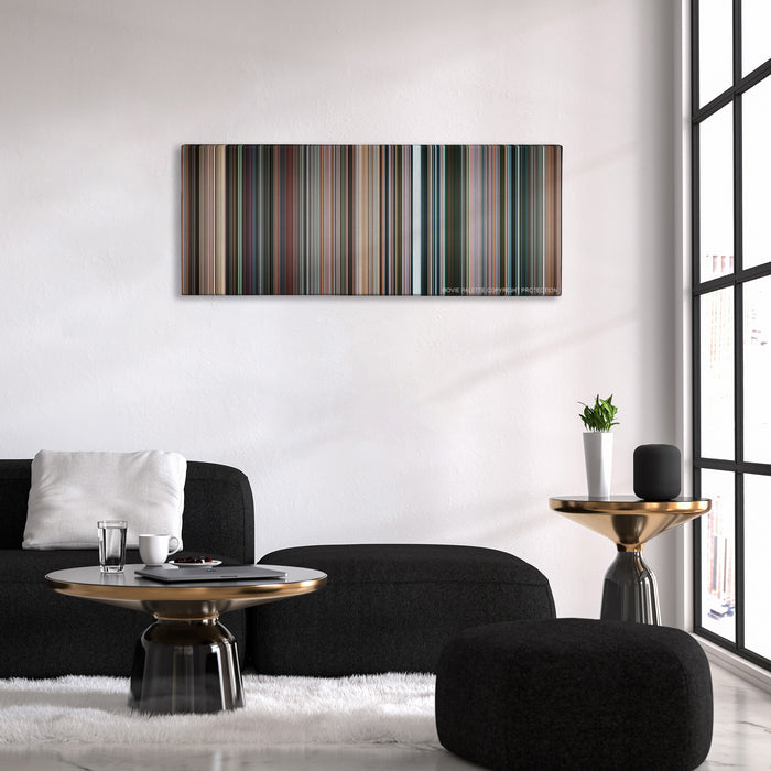 Star Trek color palette canvas above a black sofa with a gold-topped table