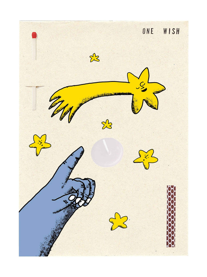 Card with illustration of a hand pointing to a star with the text 'One Wish' on a beige background. Candle wax and wick in the center of the card.