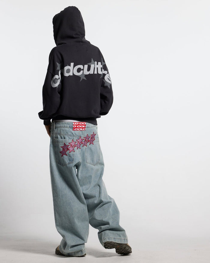 STARS V2 PANTS LIGHT BLUE DENIM - light blue baggy denim pants, back view on male model - Cold Culture