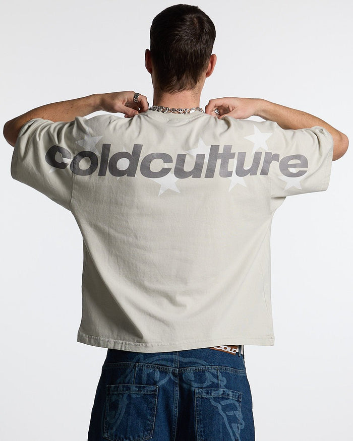 STELLAR TEE LIGHT GREY - light grey oversized tee, back view on male model - Cold Culture #man