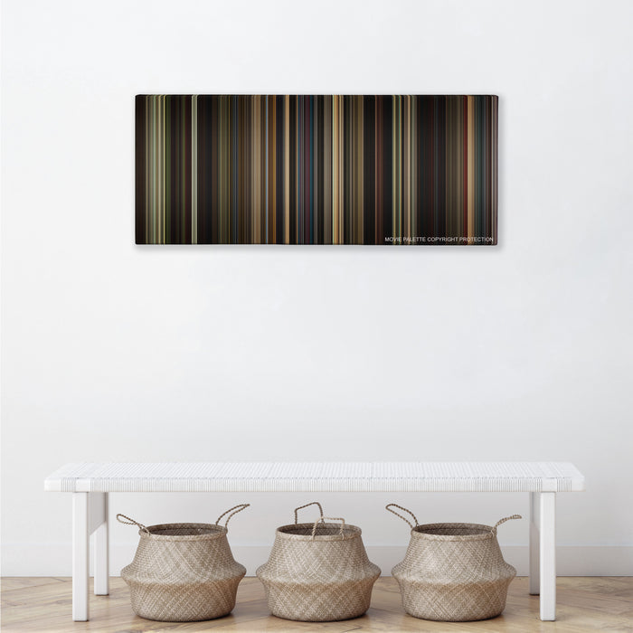 Straight Outta Compton color palette canvas above a white bench with three woven baskets