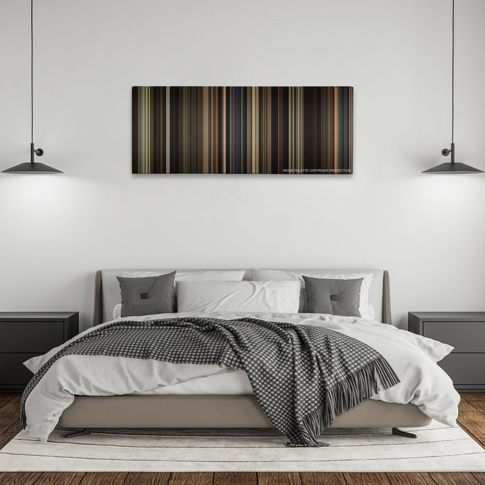 Straight Outta Compton color palette canvas above a bed, between two black pendant lamps