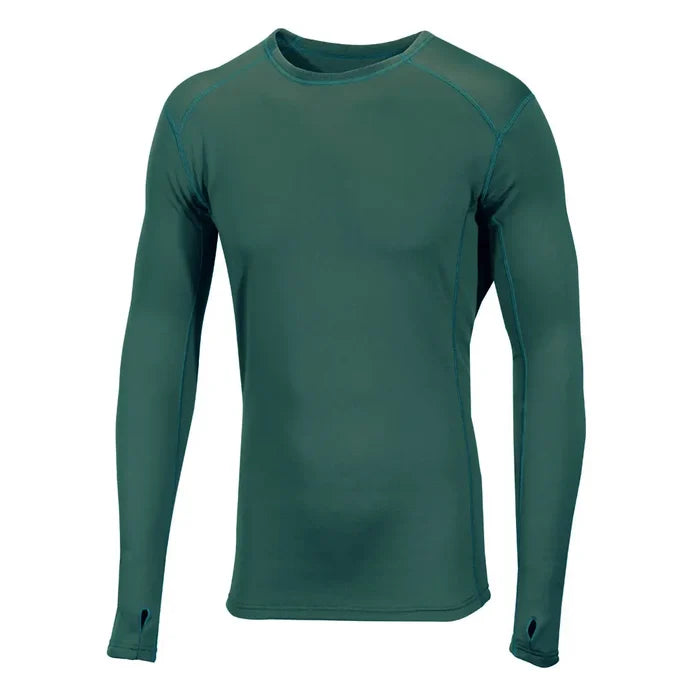 Front detail of a polyamide Sub Zero Factor 2 long sleeve crew neck top in pine green colour