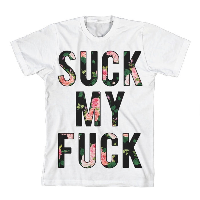 An Attila white T-shirt features bold black SUCK MY FUCK lettering filled with a pink floral pattern, displayed flat on a white background.