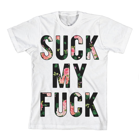An Attila white T-shirt features bold black SUCK MY FUCK lettering filled with a pink floral pattern, displayed flat on a white background.