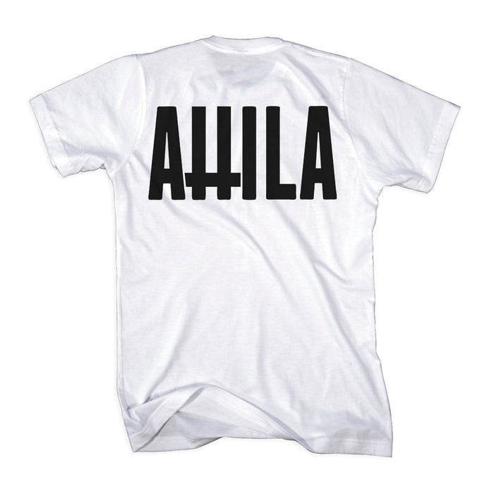 A white Attila t-shirt lays flat, featuring large black letters spelling out ATTILA on the back, with five vertical lines forming the letter H.