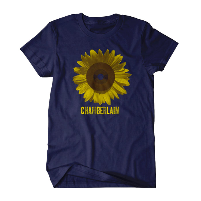 A navy blue Chamberlain T-shirt featuring a large yellow sunflower graphic in the center with CHAMBERLAIN printed below in bold yellow uppercase letters.