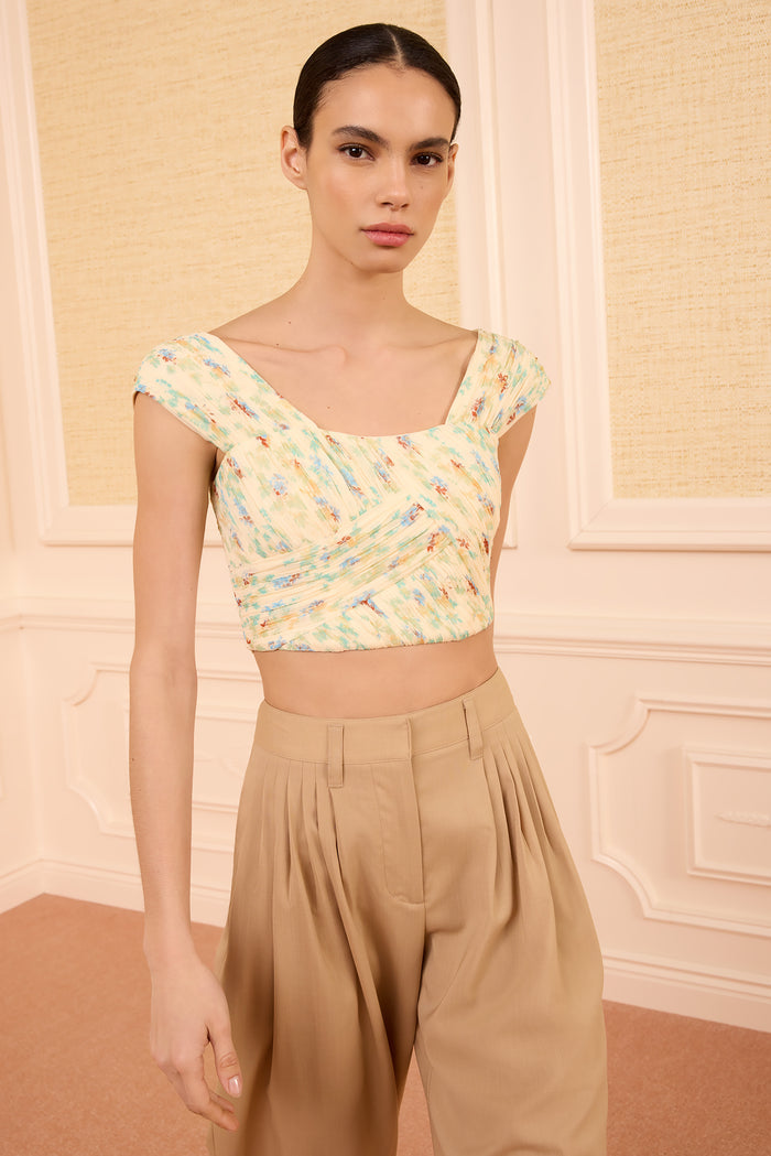 Moon Petal Floral Silk-Chiffon Off-Shoulder Crop Top - Front View | Ulla Johnson