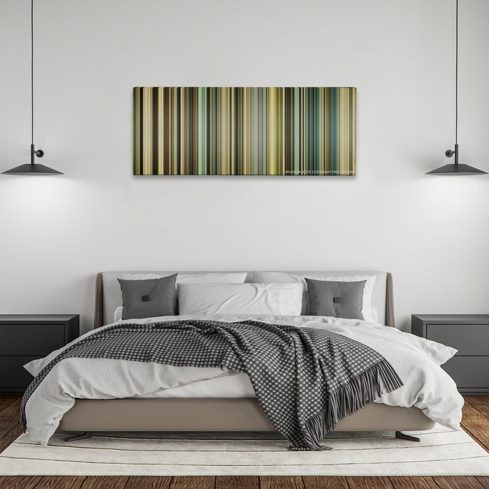 Taken 3 color palette canvas above a bed, between two black pendant lamps