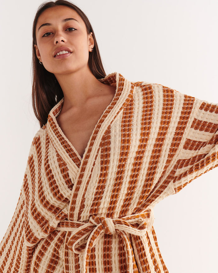 Tan Cream Stripe Waffle Bath Robe