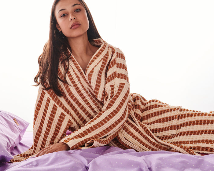 Tan Cream Stripe Waffle Bath Robe