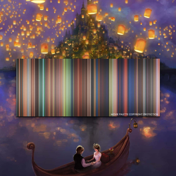 Tangled movie barcode canvas print, the whole film as stripes of color