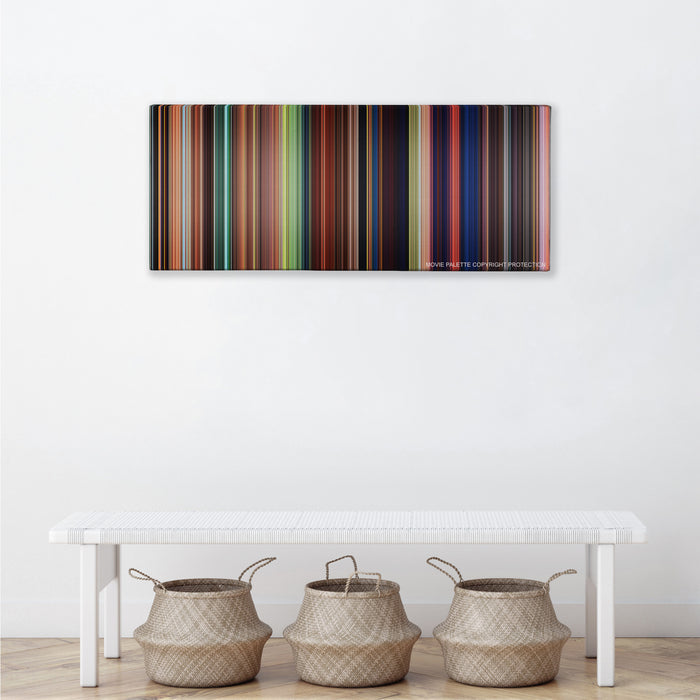Tangled color palette canvas above a white bench with three woven baskets