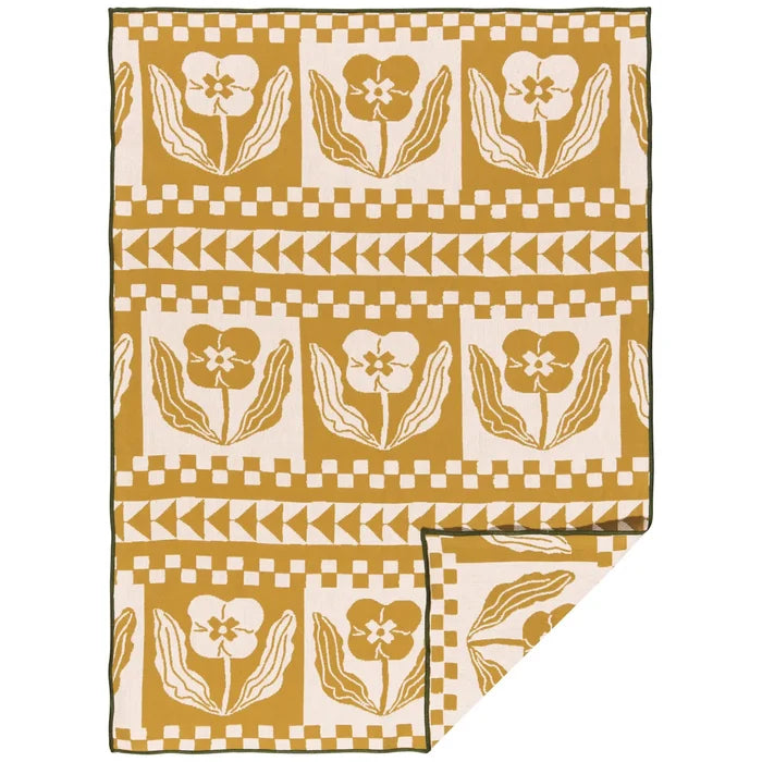 Teppi double cloth dish towel in mustard and cream featuring large floral motifs and checkerboard borders.
