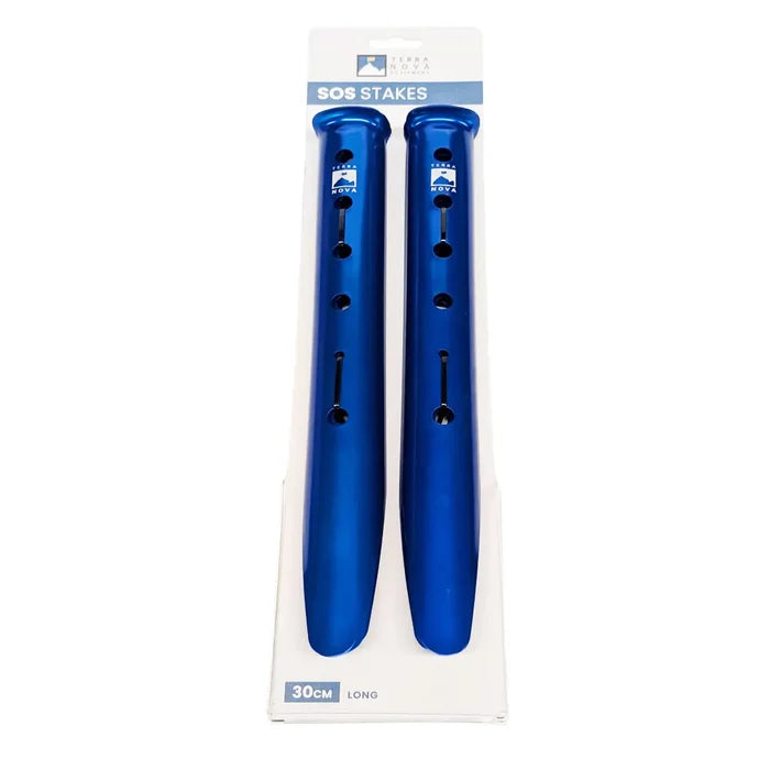 Terra Nova Aluminium Alloy SOS tent peg stakes in blue colour in their packaging