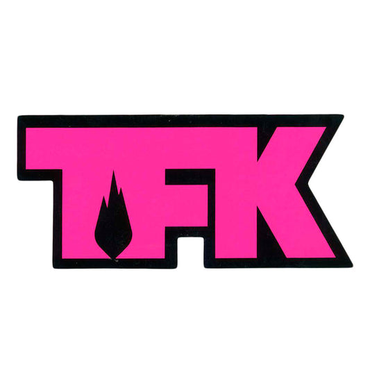The Thousand Foot Krutch logo features bold, pink TFK letters outlined in black, with a sharp, modern design and a stylized black flame inside the F.