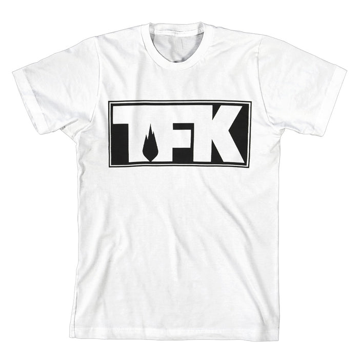 A white T-shirt featuring a bold, black rectangular Thousand Foot Krutch (TFK) logo with a small flame icon inside the letter F on the chest.