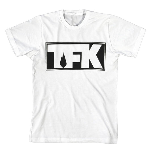 A white T-shirt featuring a bold, black rectangular Thousand Foot Krutch (TFK) logo with a small flame icon inside the letter F on the chest.