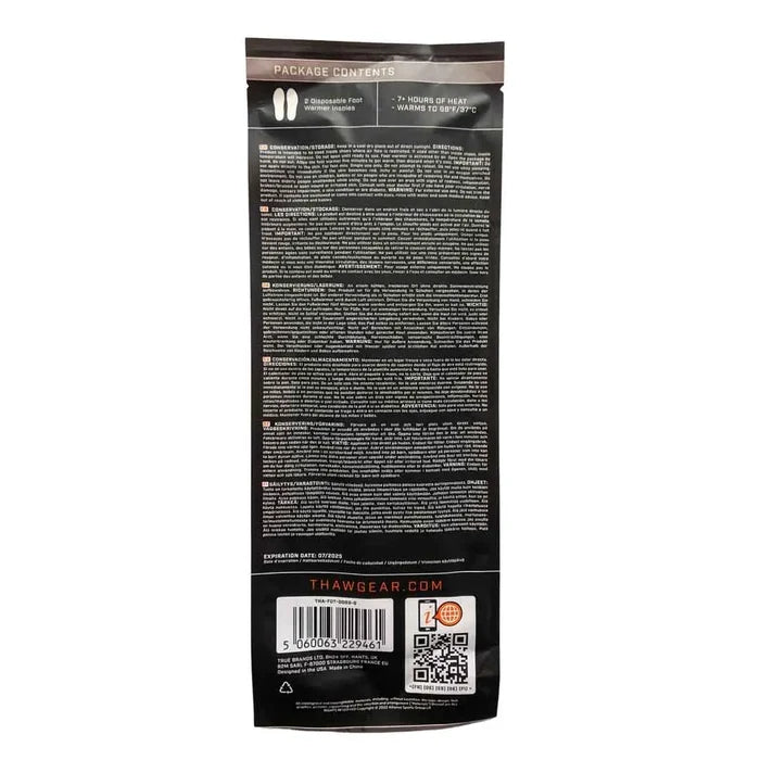 Back of packaging details for Thaw disposable foot warmers