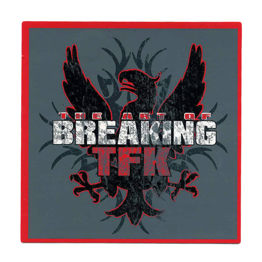 A stylized black eagle with red accents is centered on a gray background. Bold, distressed white and red letters read The Art of Breaking TFK. A vivid red border frames this dynamic Thousand Foot Krutch sticker design.