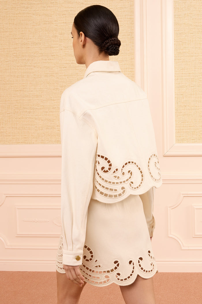 Cowrie Denim Eyelet Jacket - Back View, Scalloped Hem Detail | Ulla Johnson