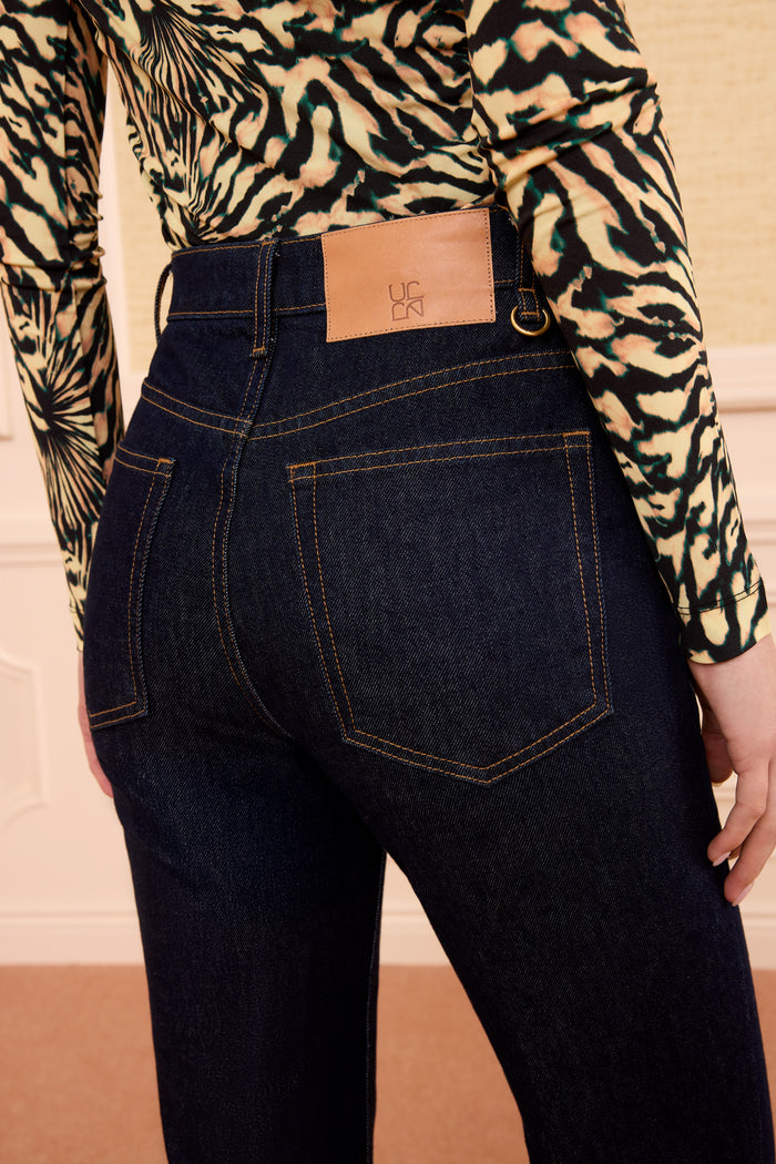 Tigris Dark Wash Premium Denim - Back Pocket and Leather Logo Patch Detail | Ulla Johnson