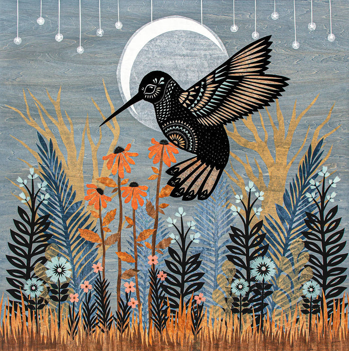 Cut paper art print of a hummingbird among tall grasses and orange flowers against a blue gray background with a pale crescent moon.