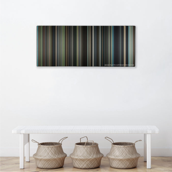 The Judge color palette canvas above a white bench with three woven baskets