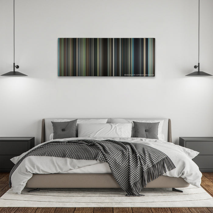 The Judge color palette canvas above a bed, between two black pendant lamps