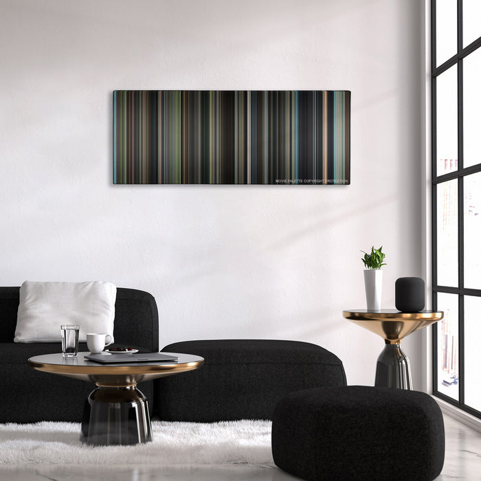 The Judge color palette canvas above a black sofa with a gold-topped table