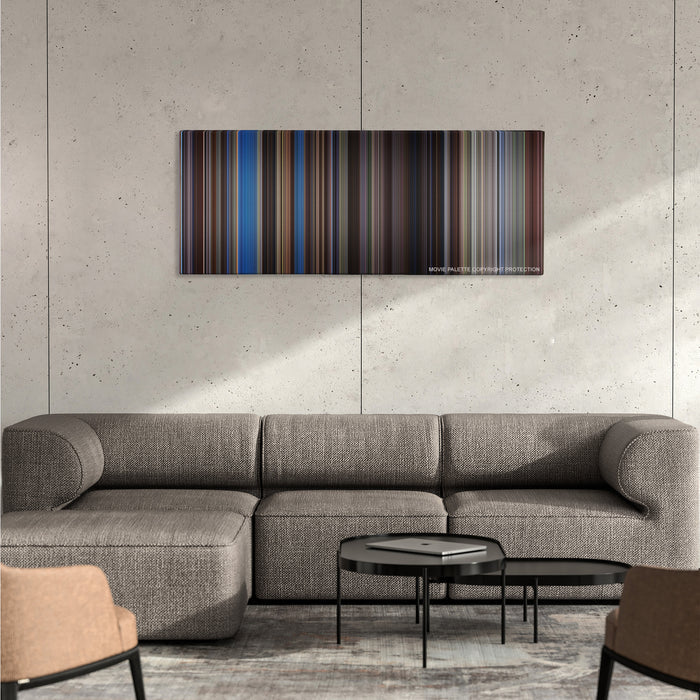 The Last Samurai color palette canvas on a concrete wall above a gray sectional sofa