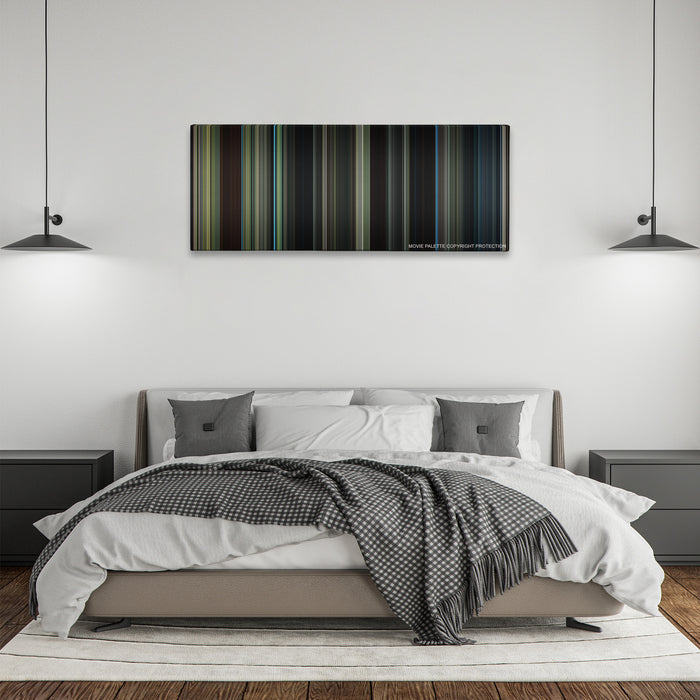 The Maze Runner color palette canvas above a bed, between two black pendant lamps