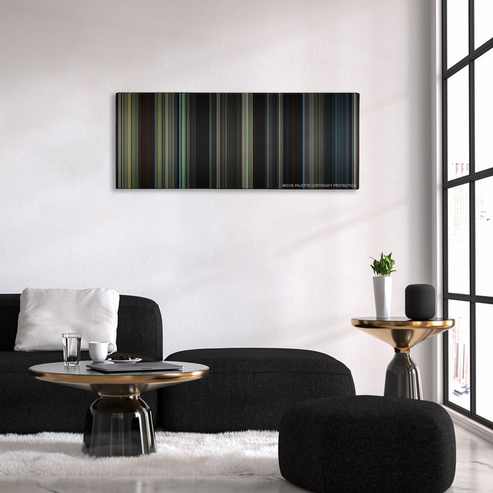The Maze Runner color palette canvas above a black sofa with a gold-topped table