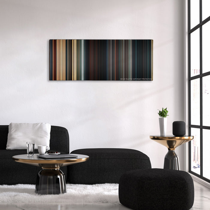 The Mummy color palette canvas above a black sofa with a gold-topped table