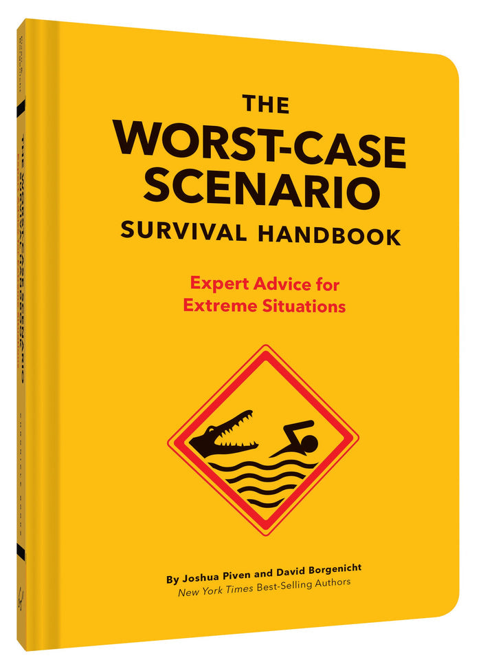 Bright yellow book cover of The Worst-Case Scenario Survival Handbook with bold black title and a warning sign graphic
