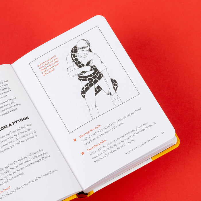 Diagram of a man with a snake coiled around his neck and torso on a page from The NEW Worst-Case Scenario Survival Handbook.