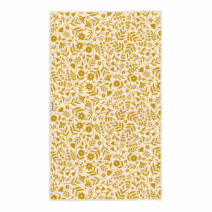 Meadow Flowers kitchen towel in yellow and cream with a botanical pattern.