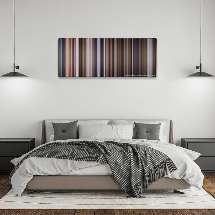 The Talented Mr. Ripley color palette canvas above a bed, between two black pendant lamps