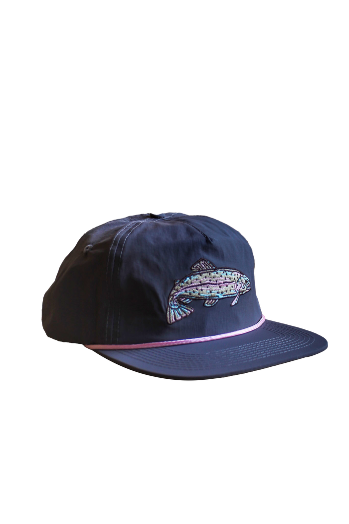 Navy Trout Hat with colorful trout embroidery on the side and pink trim along the brim.