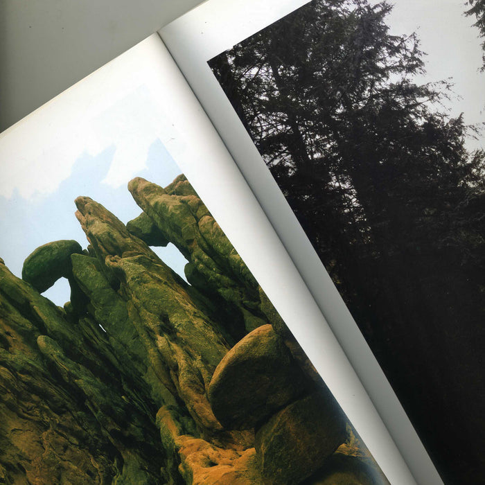 A close-up of a The Dear Hunter coffee table book reveals two photos: rugged rock formations beneath a blue sky and tall, dark evergreen trees silhouetted against bright light.