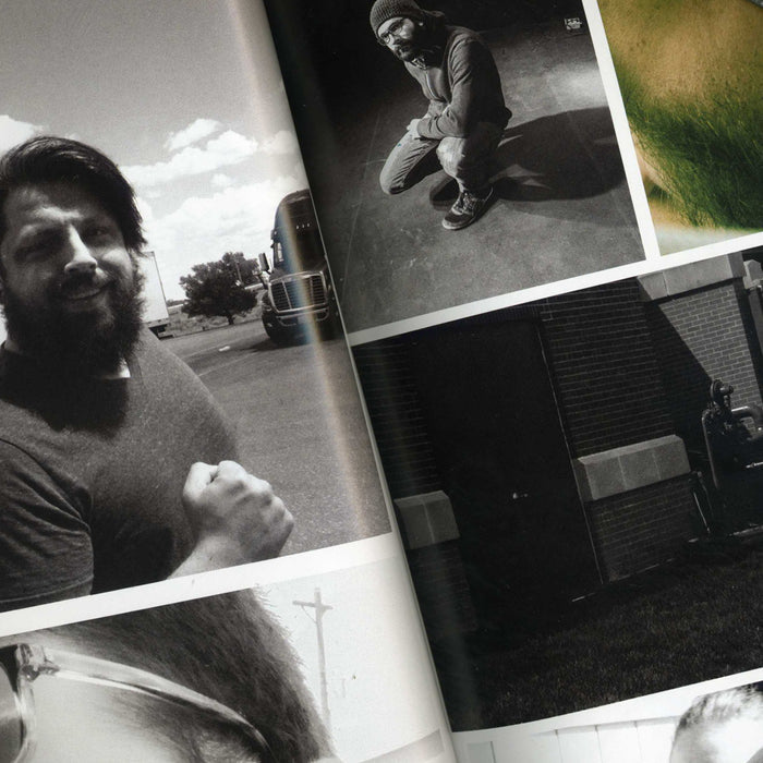 A collage of black and white tour photos for The Dear Hunter features a bearded man by a truck, kneeling on the ground, and near a brick wall, along with shots of grass and a close-up of eyeglasses.