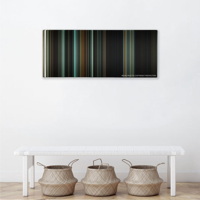 The Woman in Black color palette canvas above a white bench with three woven baskets