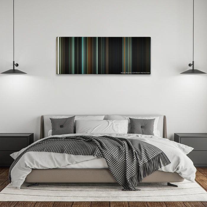 The Woman in Black color palette canvas above a bed, between two black pendant lamps