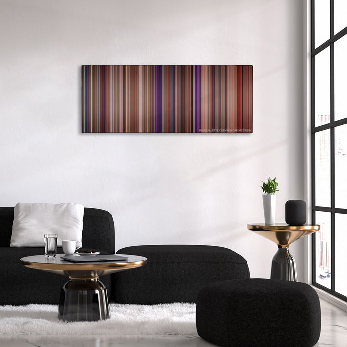 This Is Spinal Tap color palette canvas above a black sofa with a gold-topped table