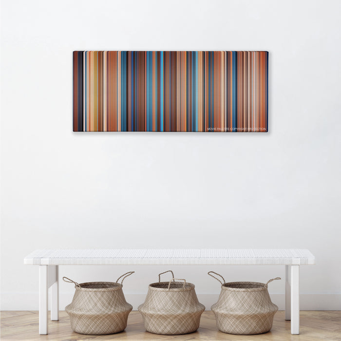 This Means War color palette canvas above a white bench with three woven baskets