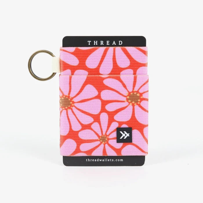 Pink and red floral Thread elastic wallet with key ring and card slot