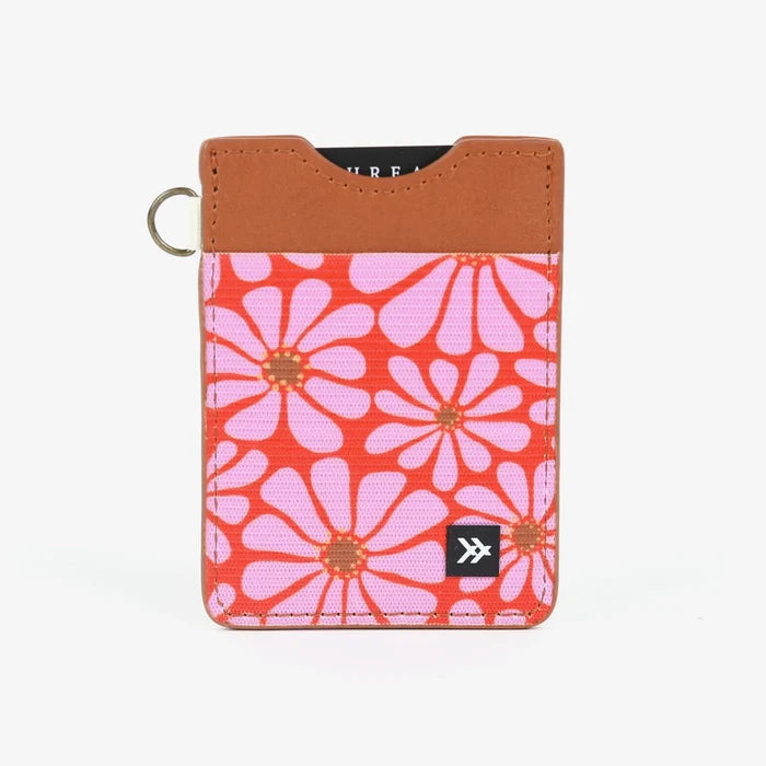 Front view of Thread Patterned Vertical Leather Elastic Wallet with tan top, pink floral panel, and a side metal ring.