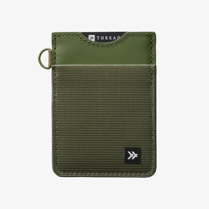 Thread Solid Color Vertical Leather Elastic Wallet in olive green with a metal key ring