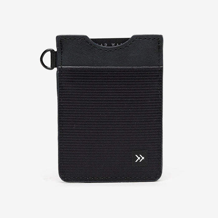 Black vertical leather elastic wallet with a left side key ring and small logo patch