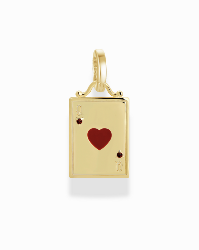 Gold Tory Burch playing card charm featuring Queen of Hearts with gem details, jewelry pendant accessory.